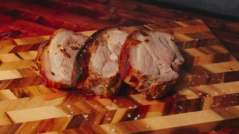 Sliced Roasted Pork on Board – Steaming Stock Footage 326694675