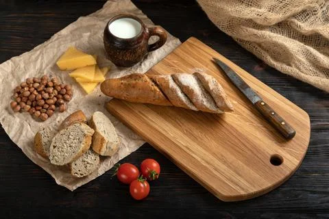 Sliced rye bread on a cutting board Stock Photos