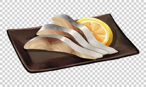 Sliced Saba mackerel sashimi with lemon slice on black plate, realistic han.. Stock Illustration