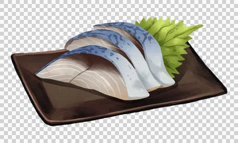 Sliced Saba mackerel sashimi with shiso leaf on black plate, realistic hand.. Stock Illustration