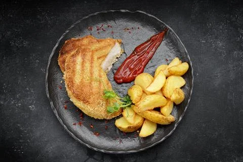 Sliced schnitzel with crispy fried potatoes and tangy ketchup Stock Photos