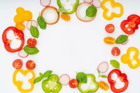 Sliced  vegetables pattern for cooking design on white background top view fl Stock Photos