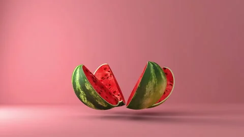 Sliced Watermelon pieces falling on pink studio background. 4K Animation Stock Footage 155293435