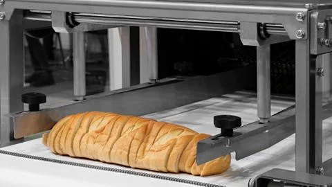Sliced white bread in a cutting machine Foto stock