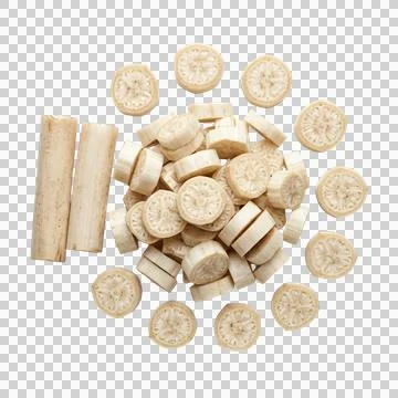 Sliced white lotus root segments and cylinders scattered on flat plane layout Фото