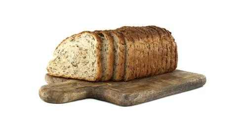 Sliced Whole Grain Bread on Rustic Cutting Board Isolated on White Backgro... Stock Photos