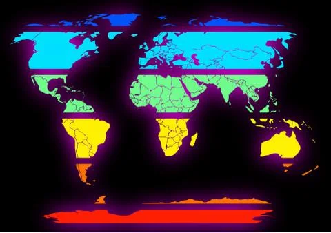Sliced world map colored continents on black Stock Photos