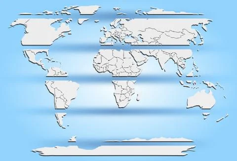 Sliced world map white continents on blue Stock Illustration