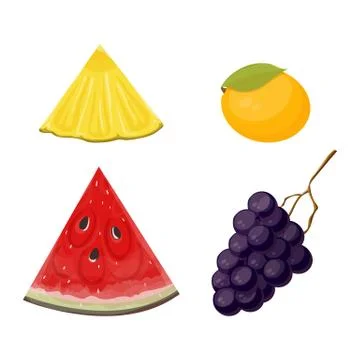 Slices and whole fruit pineapple, watermelon, mango and grapes set Stock Illustration