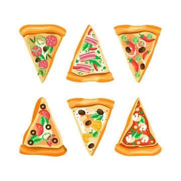 Slices of Appetizing Pizza with Different Ingredients Above View Vector Set Ilustração Stock