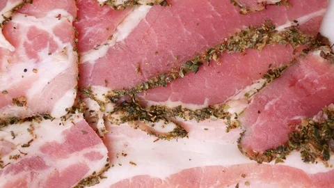 Slices of bacon. Horizontal panning. Stock Footage 70877436