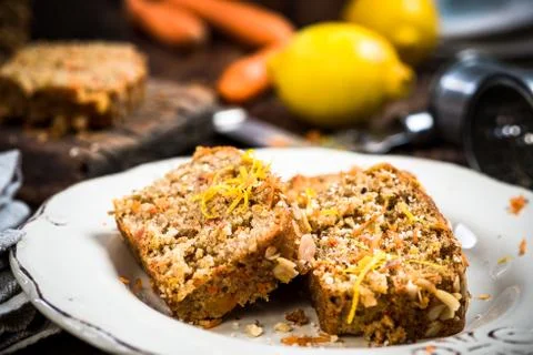 Slices of carrot cake served for Easter celebration Stock Photos