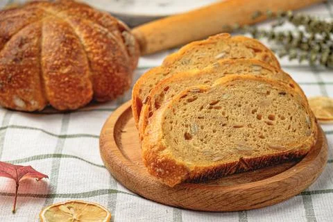 Slices of craft pumpkin bread Stock Photos