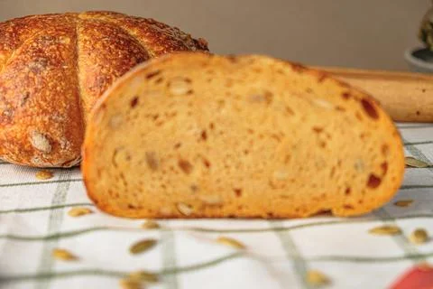 Slices of craft pumpkin bread Stock Photos