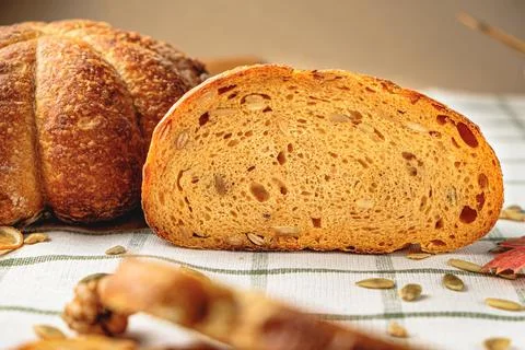 Slices of craft pumpkin bread Stock Photos