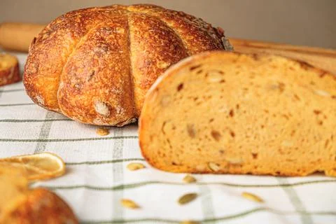 Slices of craft pumpkin bread Stock Photos
