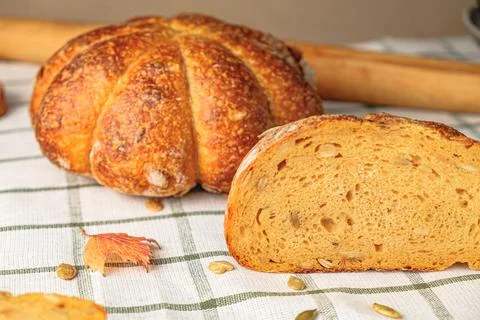 Slices of craft pumpkin bread Stock Photos