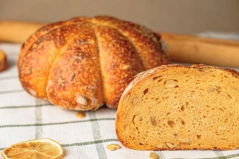 Slices of craft pumpkin bread Stock Photos