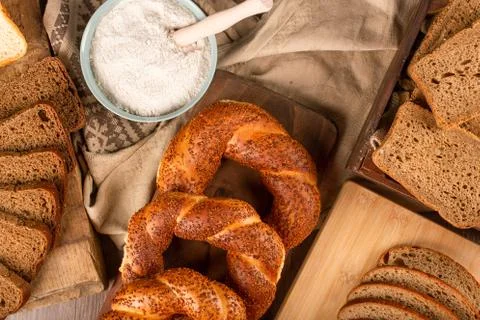 Slices of dark and white bread with turkish bagels Stock Photos