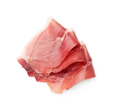 Slices of delicious jamon isolated on white, top view Stock Photos
