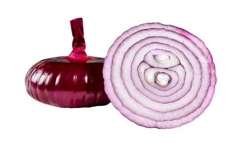 Slices Isolated onion. One red whole onion isolated on white background wit.. Stock Photos
