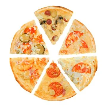 Slices of pizza with different toppings. Isolated. Stock Photos