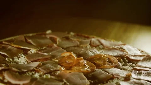 Slices of red tomato falling on pizza closeup slow motion Stock Footage 71923420