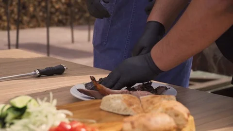 Slices of roasted meat Stock Footage 95766093