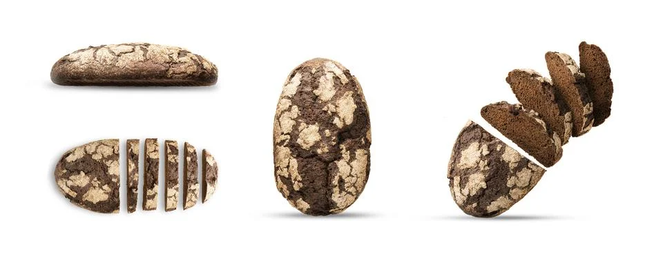 Slices of rye bread and half a loaf, isolated on a white background, a whole Stock Photos
