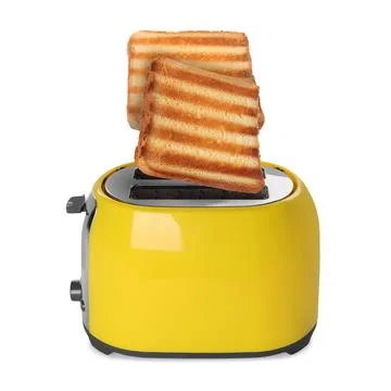 Slices of toasted bread jumping out of toaster on white background Stock Photos