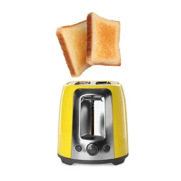 Slices of toasted bread jumping out of toaster on white background Stock Photos