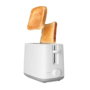 Slices of toasted bread jumping out of toaster on white background Stock Photos