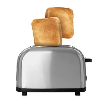 Slices of toasted bread jumping out of toaster on white background Stock Photos