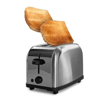 Slices of toasted bread jumping out of toaster on white background Stock Photos