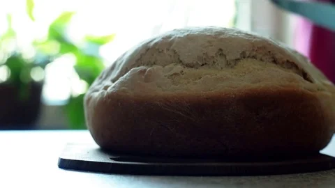Slicing Bread. Cutting Slice of home Bread on Wooden Boards Cut the Bread With a Stock Footage 73655457