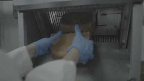 Slicing fresh bread in a professional bakery production line Stock-Footage 327357196