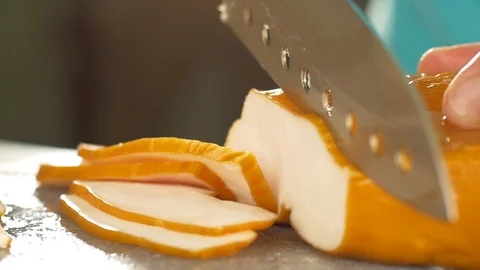 Slicing hum cooked meat on kitchen Stock-Footage 124961355