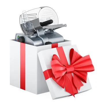 Slicing machine inside gift box, gift concept. 3D rendering Stock Illustration
