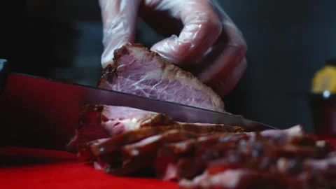 Slicing Meat with Kitchen Knife, Slow motion Vídeo Stock 339772494