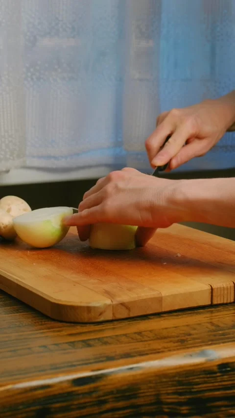 Slicing onion on chopping board Stock Footage 341842145
