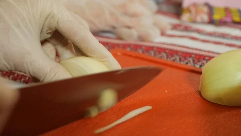 Slicing onion with a knife Stock Footage 95831636