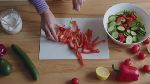 Slicing Red Pepper for Salad Stock Footage 170516851