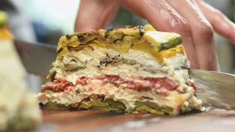 Slicing of the roasted vegetable terrine. Stock-Footage 169800089