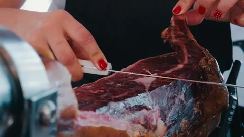 Slicing Spanish Jamon Iberico Cured Ham Close Up Stock Footage 346022783