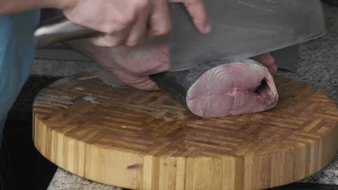 Slicing Spanish Mackerel Fish Stock Footage 127397754