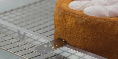 Slicing Sponge Cake Layer with Serrated Knife on Wire Cooling Rack - Close Up Vídeos de archivo 343588347