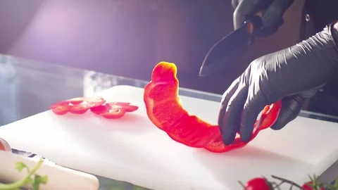 Slicing vegetables close-up. Preparation of salad Stock Footage 137317880