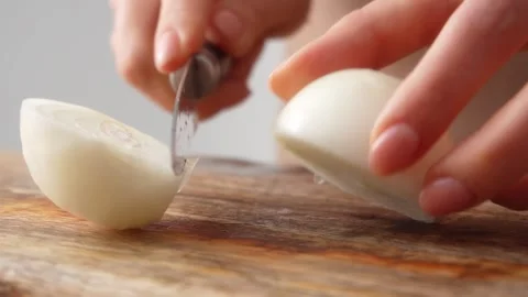 Slicing White Onion on Board. Stock Footage 255664227