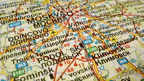 Slide across a detailed road map centered on moscow, russia Stock Footage 339489104