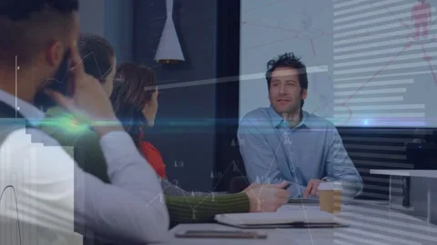 Slide appearing and speaker showing charts in biz meeting overlays sweeping docs Stock Footage 333648112